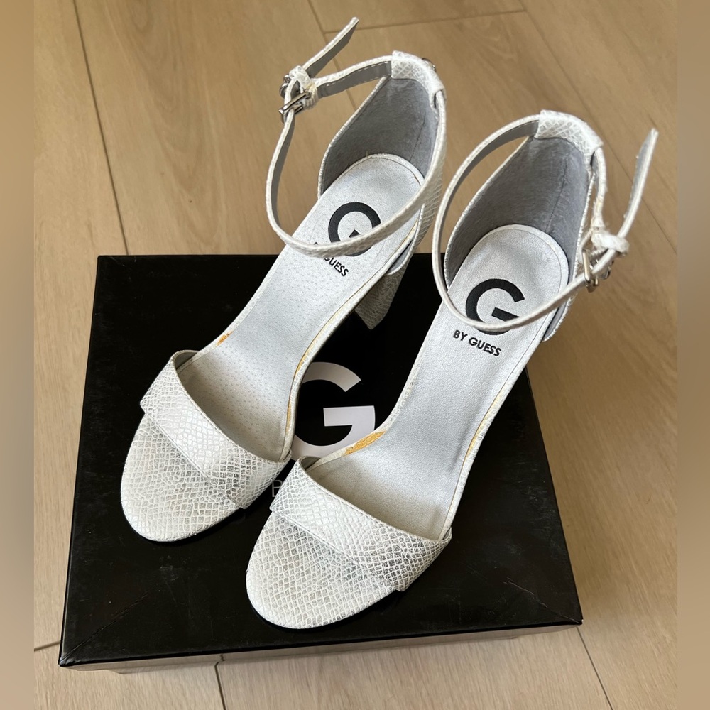 Guess Shantel 3 Snakskin Heel Sandal White/ Silver 7.5